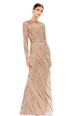 Mac Duggal 5240 Long Sleeve Beaded Column Gown High Neck Mocha Size 14 $598